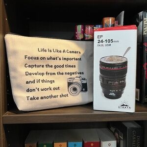 Strata camera lens coffee cup/makeup case